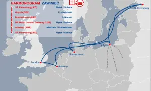 Mapa pokazuje trasy statków między St. Petersburgiem, Gdynią, Bremerhaven, Antwerpią i Londynem. Gdzie jest Londyn? Na mapie widać go na zachód od Europy kontynentalnej.