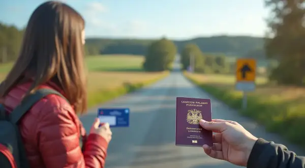 Podróż do Szwecji? Czy do Szwecji potrzebny jest paszport? Kobieta z plecakiem trzyma kartę, a mężczyzna pokazuje paszport na tle drogi.