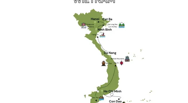Mapa pokazuje, gdzie leży Wietnam, z zaznaczonymi głównymi miastami i atrakcjami turystycznymi, od Hanoi na północy po Ho Chi Minh na południu.