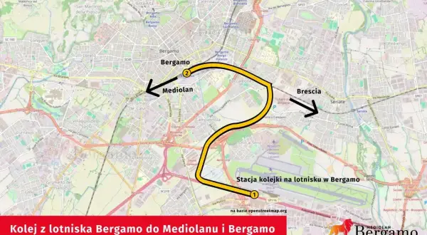 Mapa pokazuje trasę kolejową z lotniska Orio al Serio do Mediolanu i Bergamo.