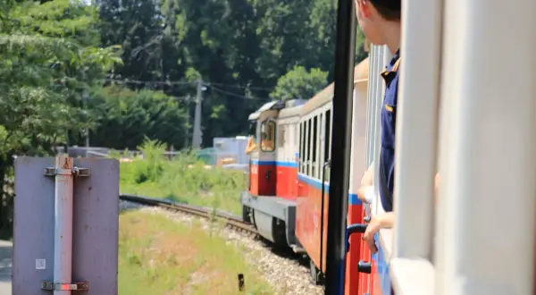 Chłopak w czapce patrzy przez okno pociągu. Zastanawiasz się, ile kosztuje przesyłka konduktorska?