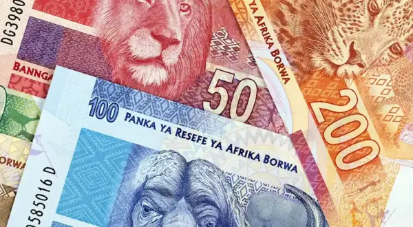 Różne banknoty, w tym waluta RPA, z wizerunkami zwierząt: lwa, lamparta i bawołu.