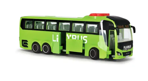 Zielony autobus Flixbus z otwartymi drzwiami, idealny do zabawy w podróż lub do rozważenia flixbus zwrot biletu.