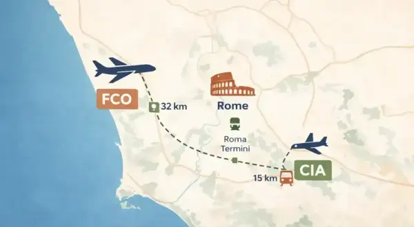 Mapa pokazuje lotnisko Fiumicino (FCO) 32 km od Rzymu, z Koloseum i dworcem Roma Termini, oraz lotnisko Ciampino (CIA) 15 km od dworca.