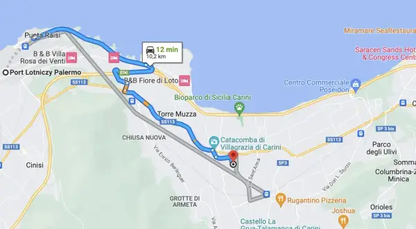 Trasa z Palermo do Carini, z postojem w B&B Fiore di Loto. Podróż trwa 12 minut, pokonując 10,2 km. Mediolan Bergamo to nie ten region, ale podróż po Sycylii jest równie fascynująca.