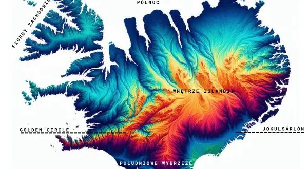 Mapa termiczna Islandii pokazuje, gdzie leży ten kraj. Widoczne fiordy zachodnie, północ, wnętrze wyspy, Złoty Krąg, południowe wybrzeże i Jökulsárlón.