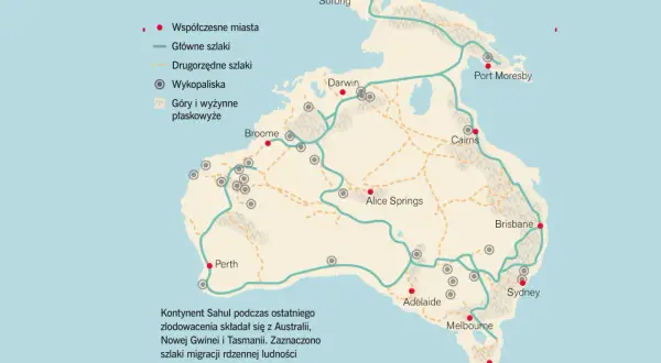 Mapa pokazuje Australię, Nową Gwineę i Tasmanię, wyjaśniając, gdzie leży Tasmania. Zaznaczone są szlaki migracji ludności sprzed 50 tys. lat.