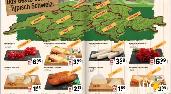 Szwajcarskie specjały: Bündnerfleisch, sery z różnych regionów, kiełbaski i wędliny. Sprawdź ceny w Szwajcarii!