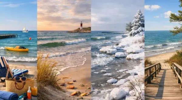 Cztery pory roku nad morzem: letni relaks na plaży, jesienne fale przy latarni, zimowy krajobraz z lodem i śniegiem, wiosenne zejście na piaszczysty brzeg.