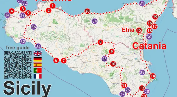 Sycylia, gdzie leży? Mapa pokazuje wyspę z zaznaczonymi trasami i miastami jak Palermo i Katania.