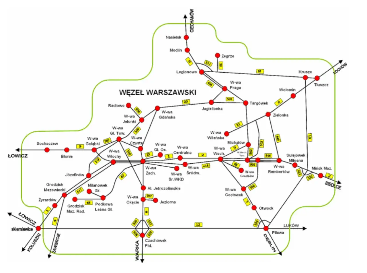 Mapa węzła kolejowego Warszawy, pokazująca szybką kolej miejską w Warszawie i okolicach, z zaznaczonymi stacjami i liniami.