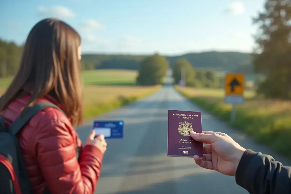 Podróż do Szwecji? Czy do Szwecji potrzebny jest paszport? Kobieta z plecakiem trzyma kartę, a ręka pokazuje paszport na tle drogi.