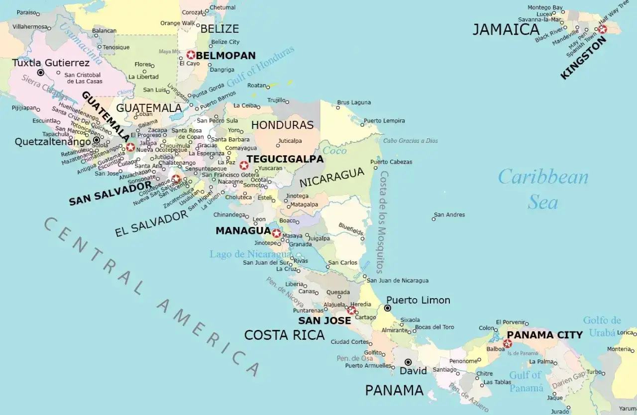 Gdzie leży Belize? Na mapie widoczna jest Ameryka Środkowa, z zaznaczonym Belize, między Meksykiem a Gwatemalą, nad Zatoką Honduraską.