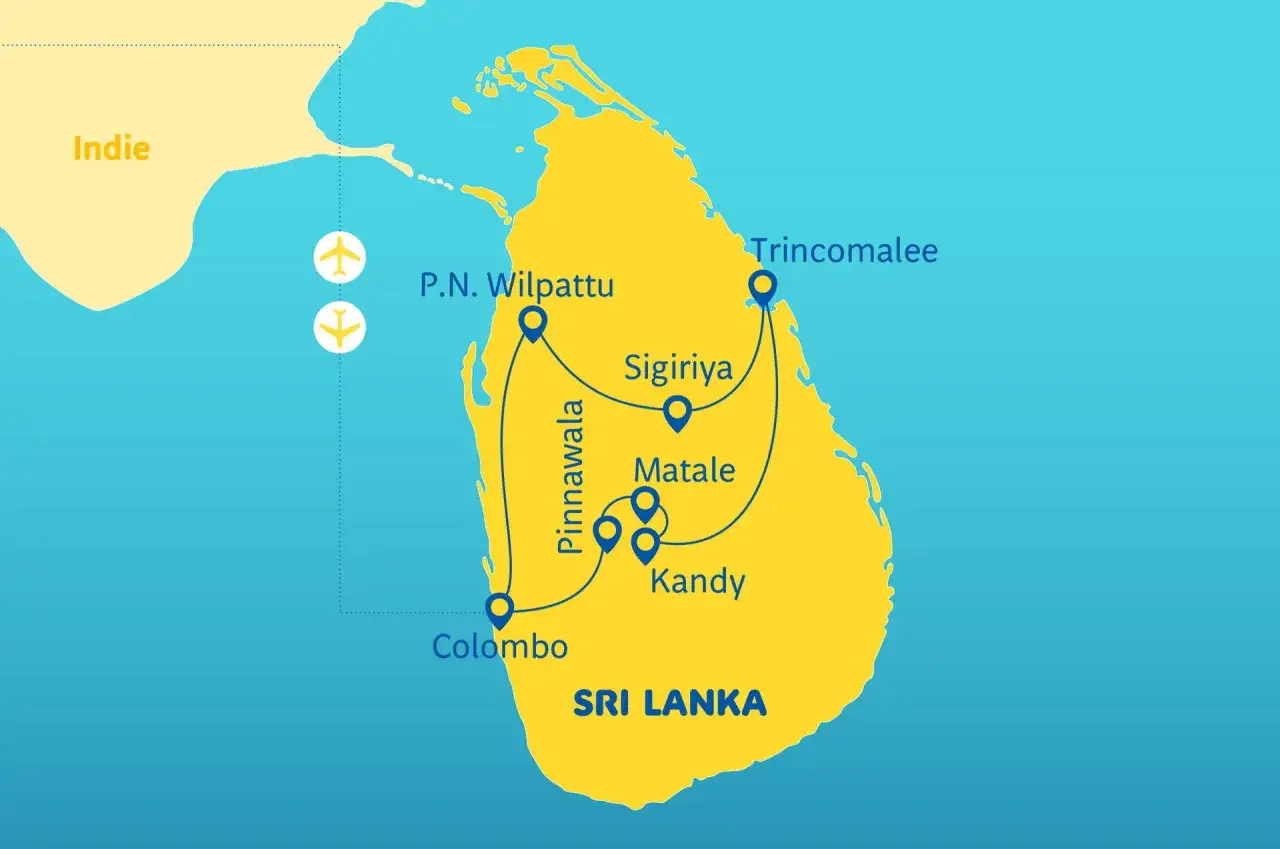 Mapa Sri Lanki z zaznaczonymi trasami turystycznymi: Colombo, Kandy, Matale, Sigiriya, Pinnawala, P.N. Wilpattu, Trincomalee. Indie w tle. Czy jest bezpiecznie?